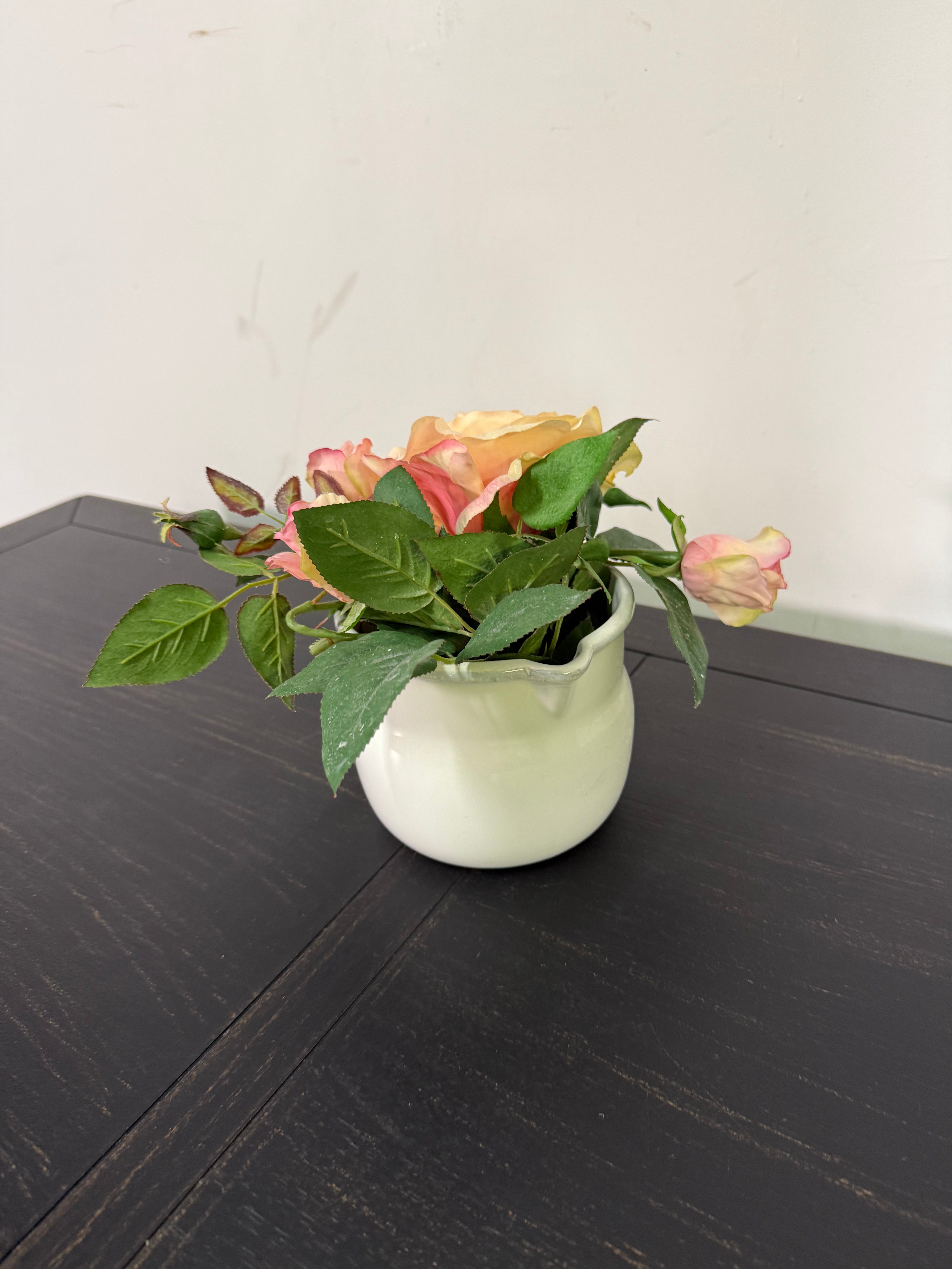 Faux Peach Rose Arrangement in White Pitcher
