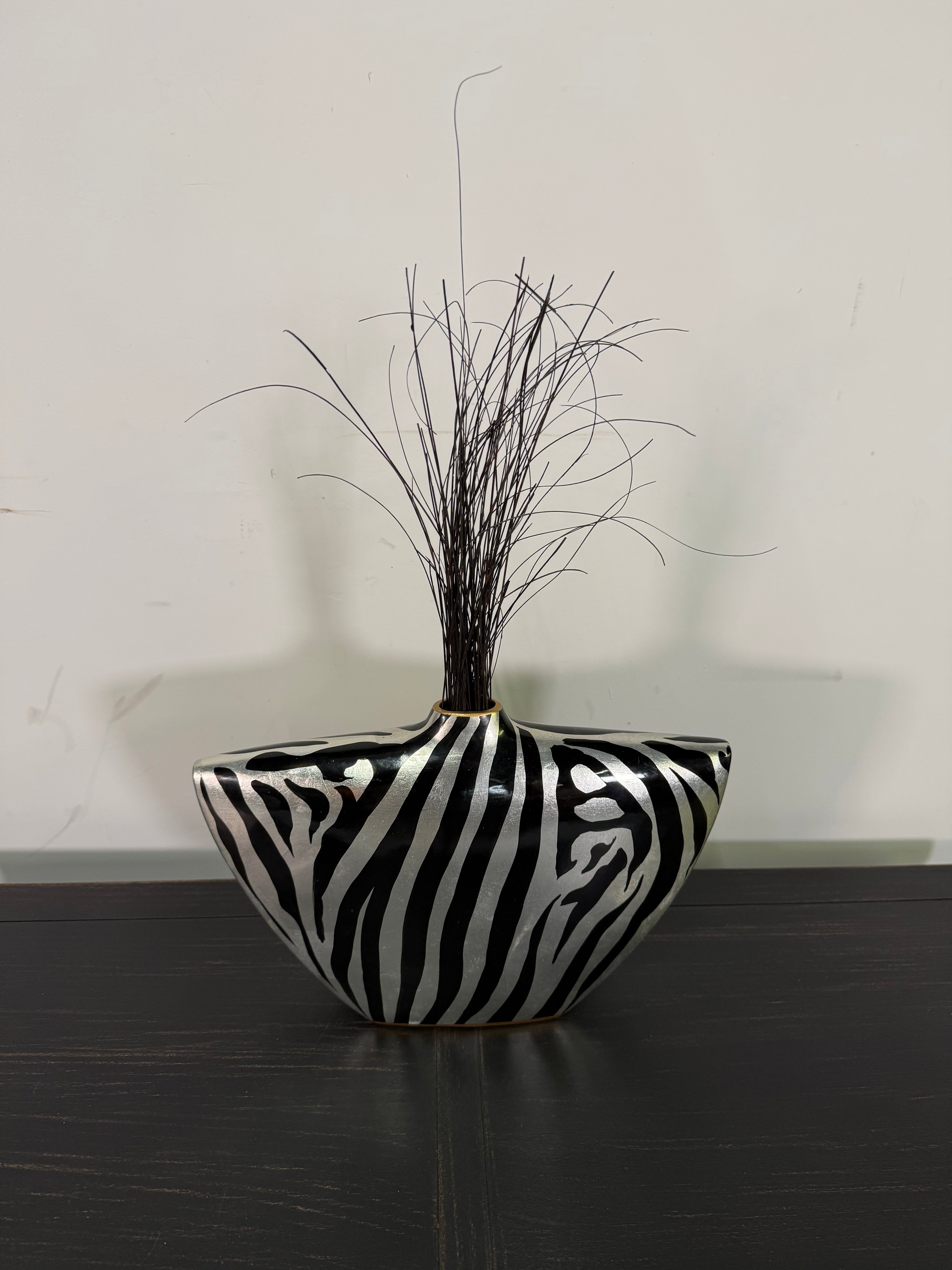 Zebra-Stripe Decorative Vase with Grass Sprays