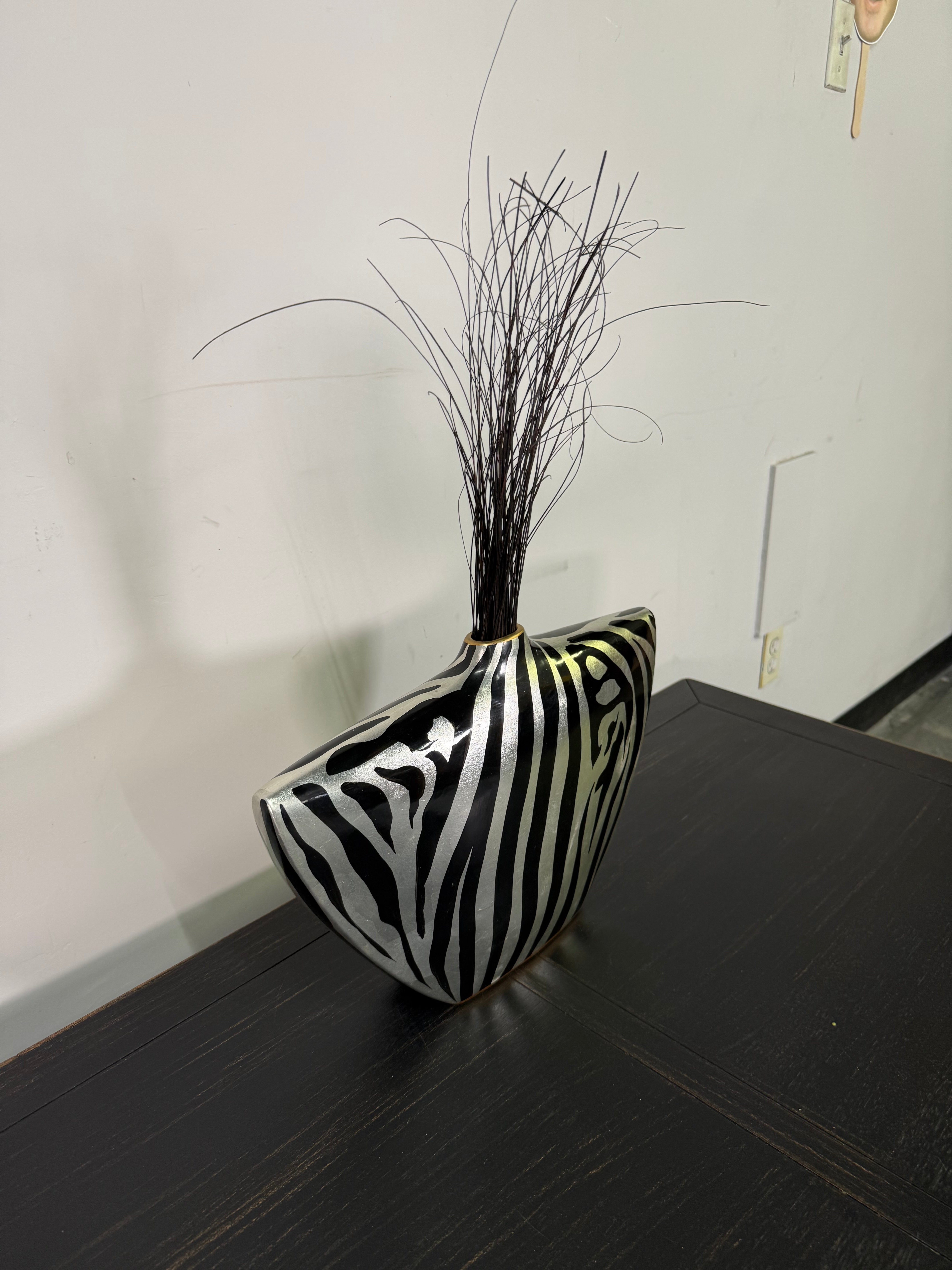 Zebra-Stripe Decorative Vase with Grass Sprays