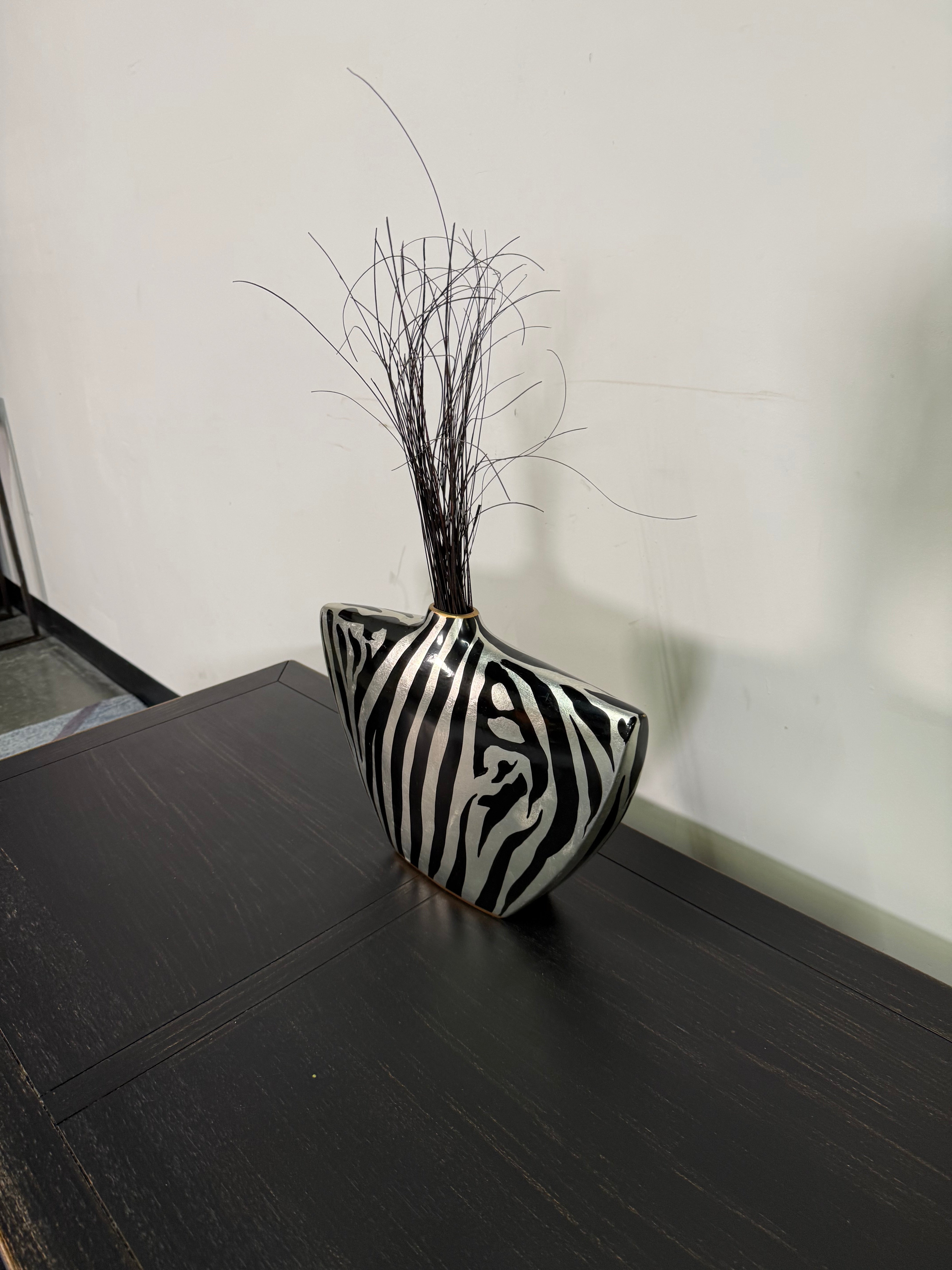 Zebra-Stripe Decorative Vase with Grass Sprays