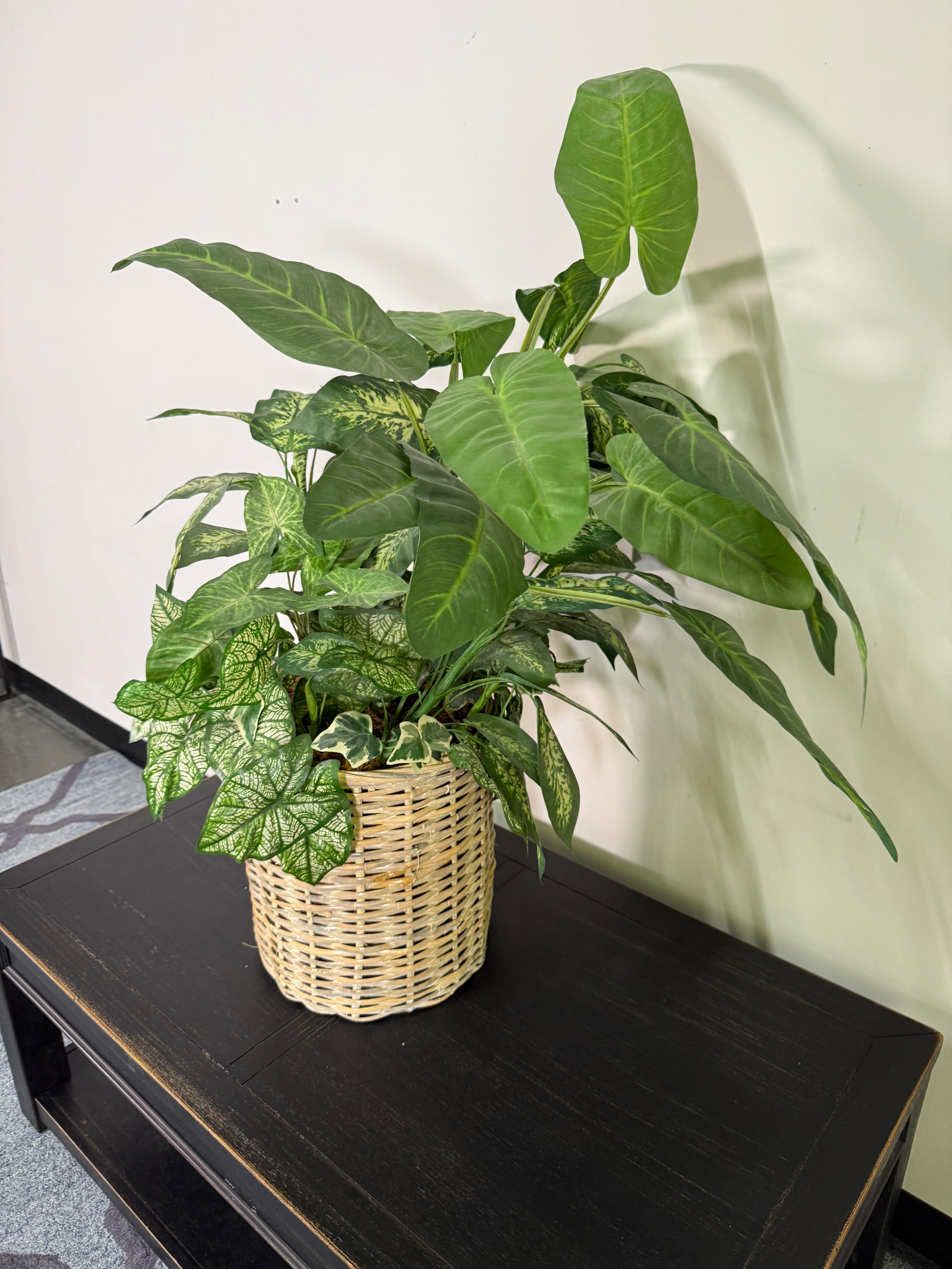 Lush Mixed Greenery Arrangement in Woven Basket