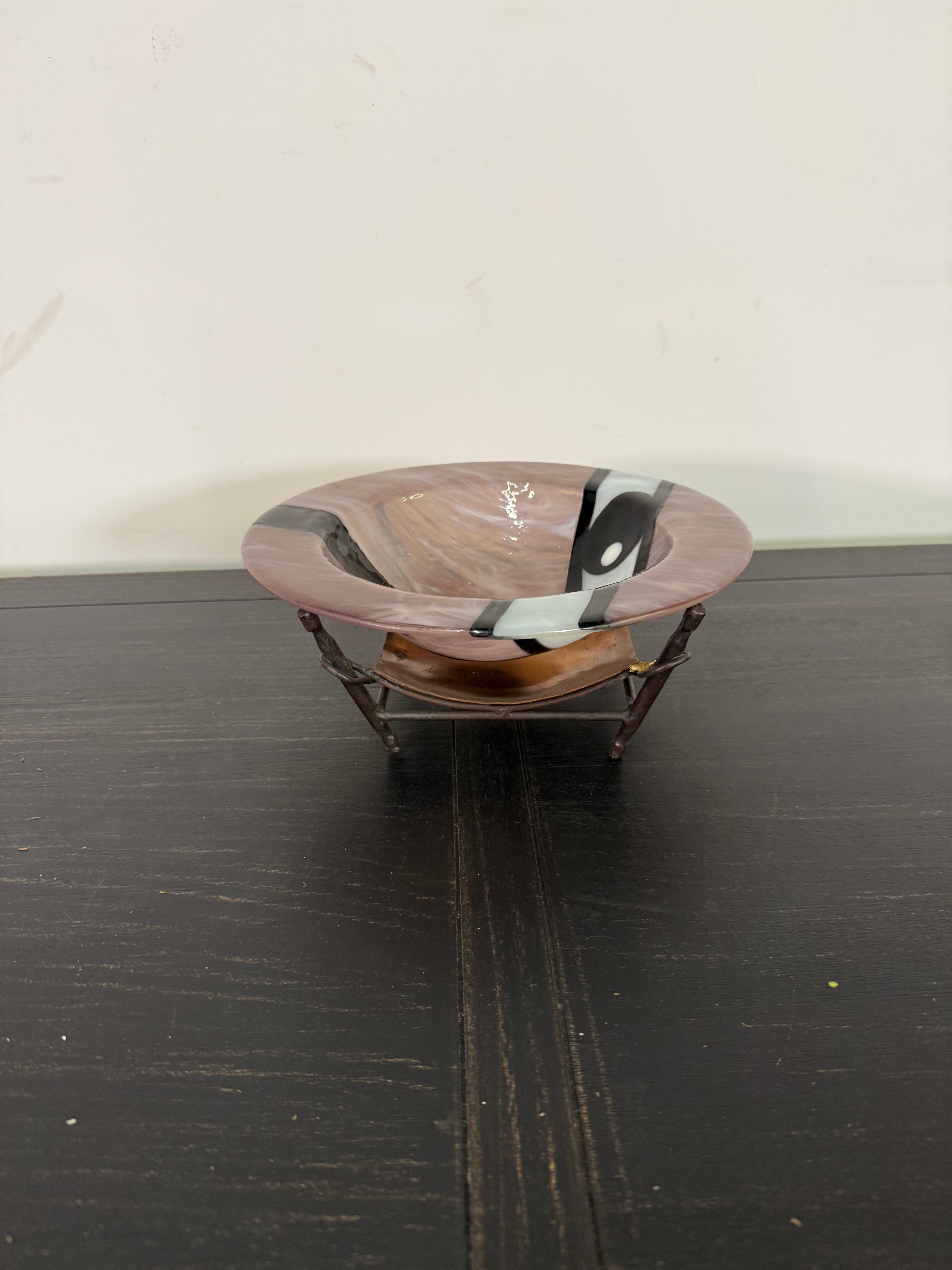 Abstract Art Glass Bowl on Iron Stand