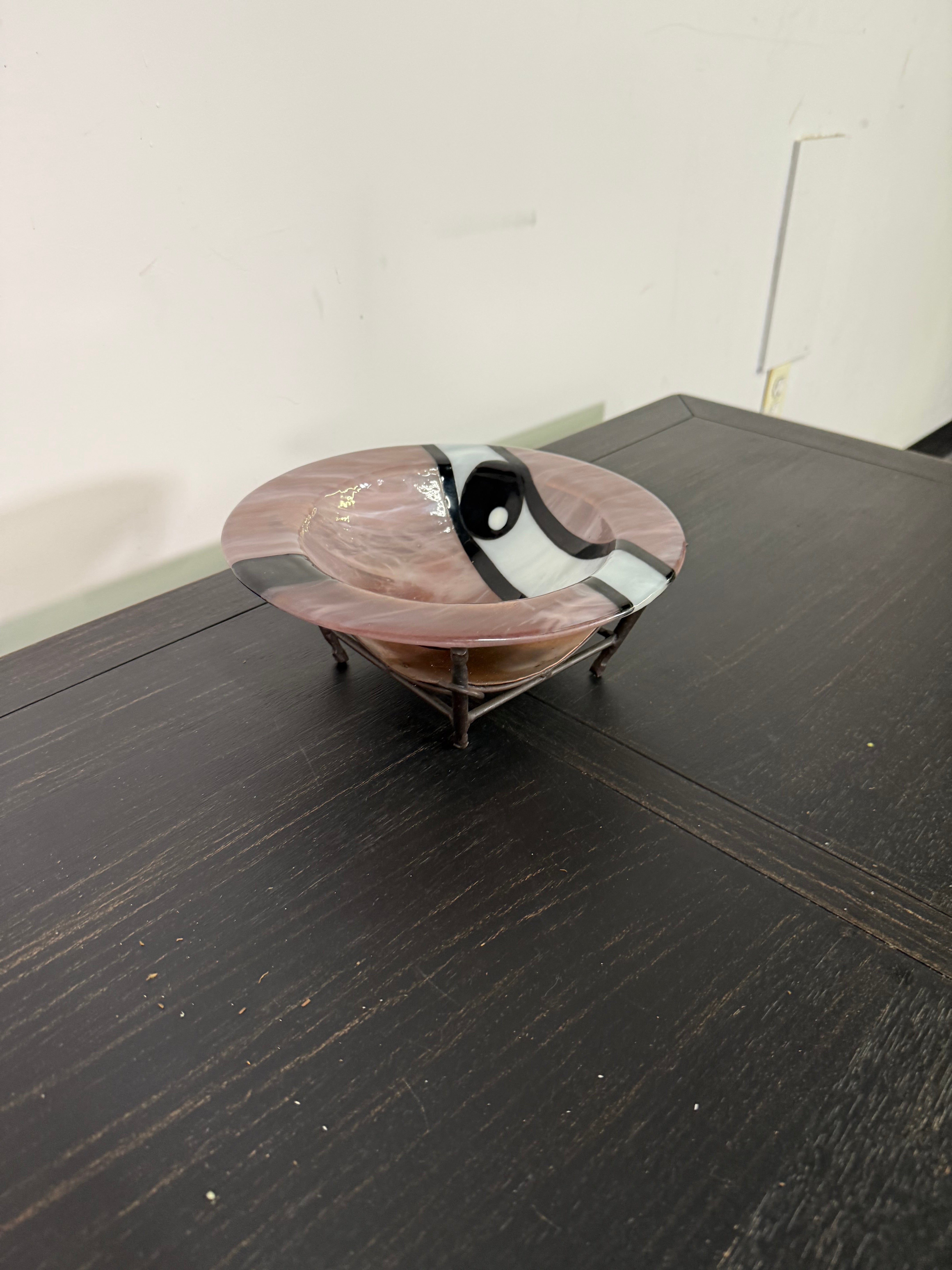 Abstract Art Glass Bowl on Iron Stand