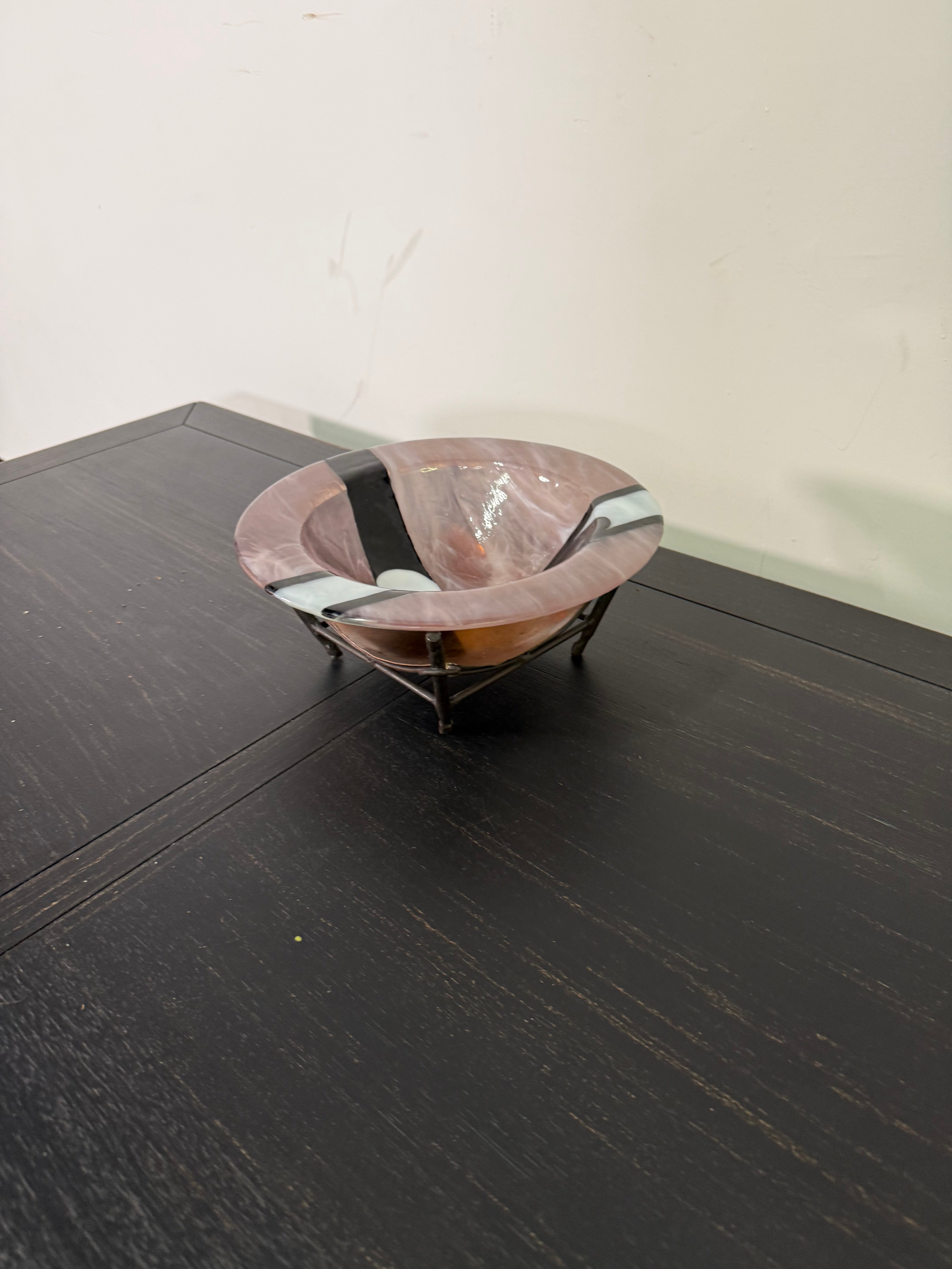 Abstract Art Glass Bowl on Iron Stand