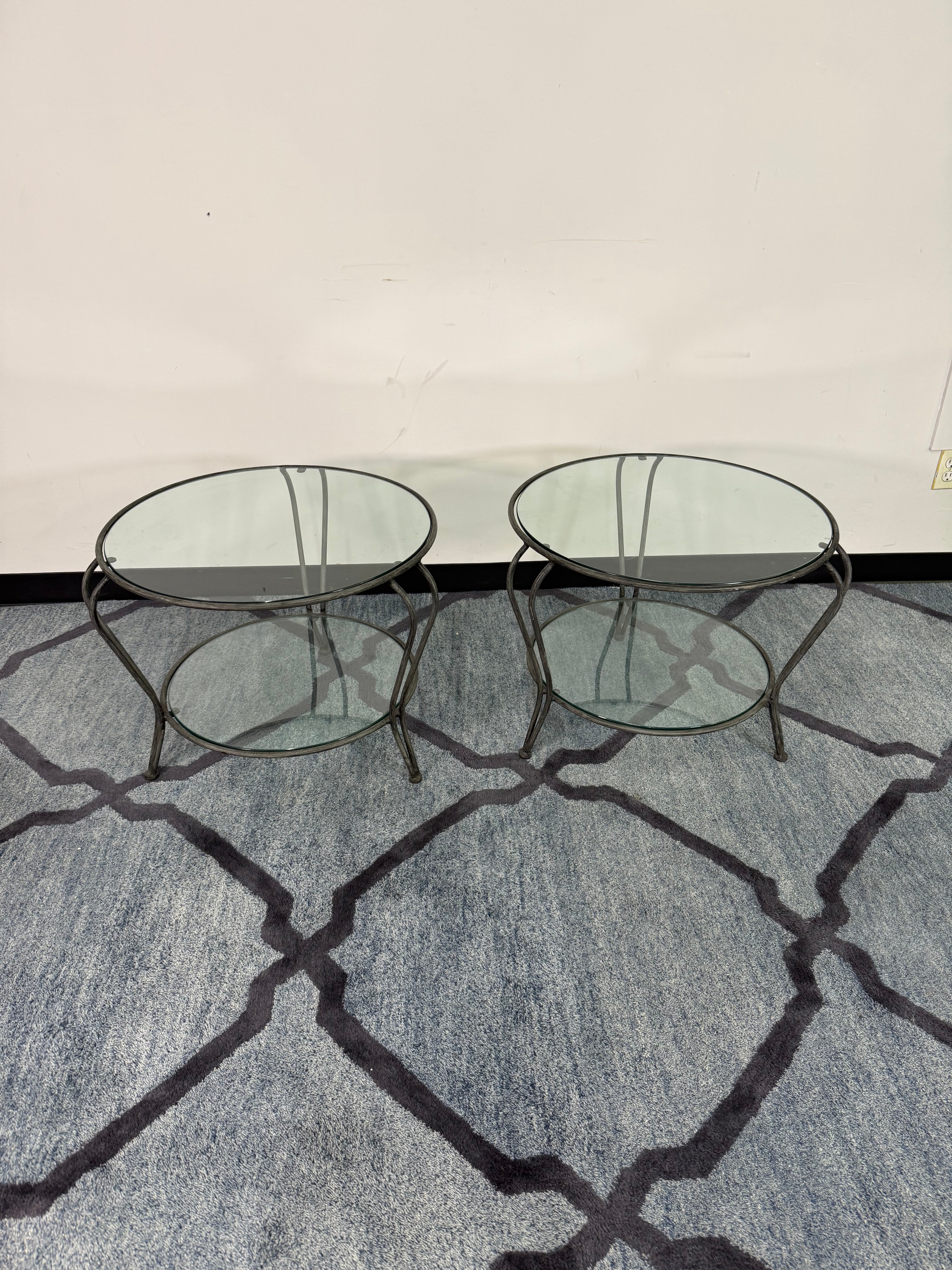 Set of 2 Round Glass Top Iron End Tables