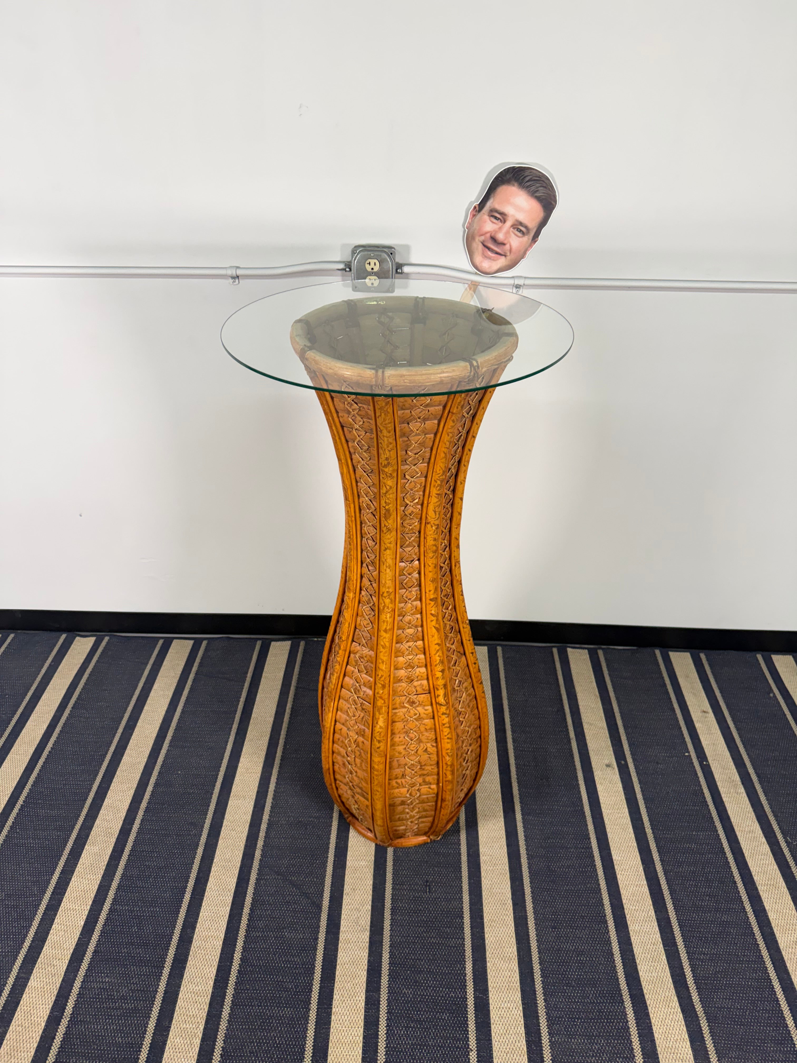 Woven Bamboo Hourglass Plant Stand with Glass Top