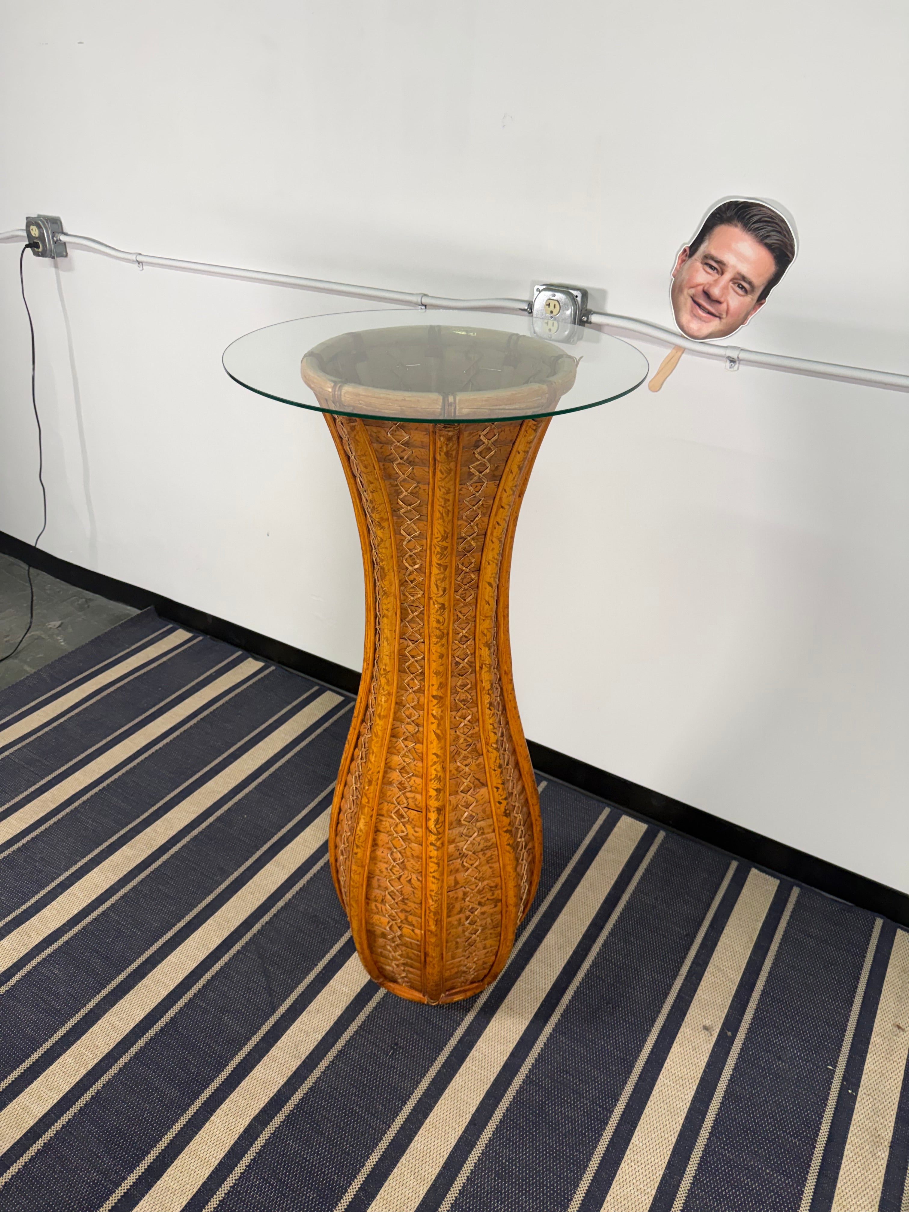 Woven Bamboo Hourglass Plant Stand with Glass Top