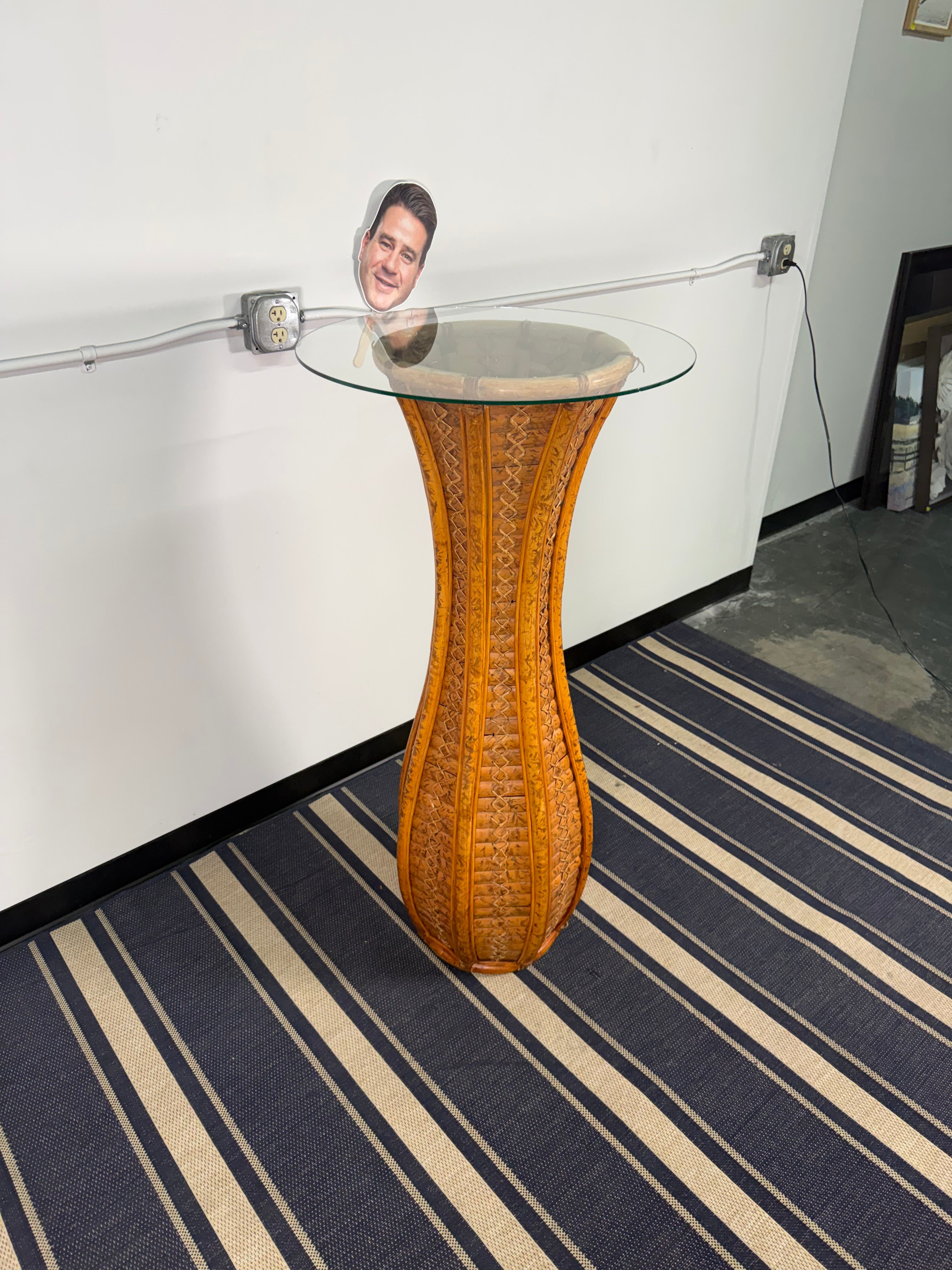 Woven Bamboo Hourglass Plant Stand with Glass Top