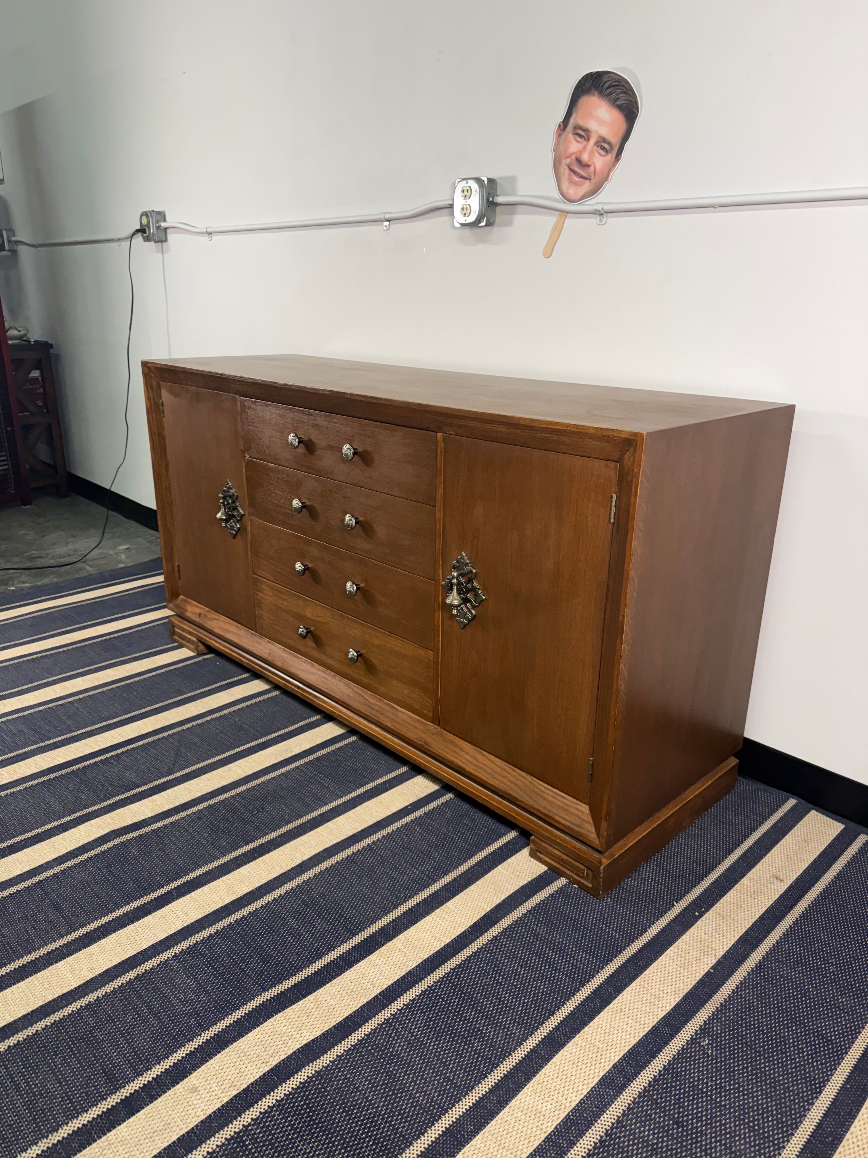 Vintage Walnut Sideboard with Ornate Silver Hardware