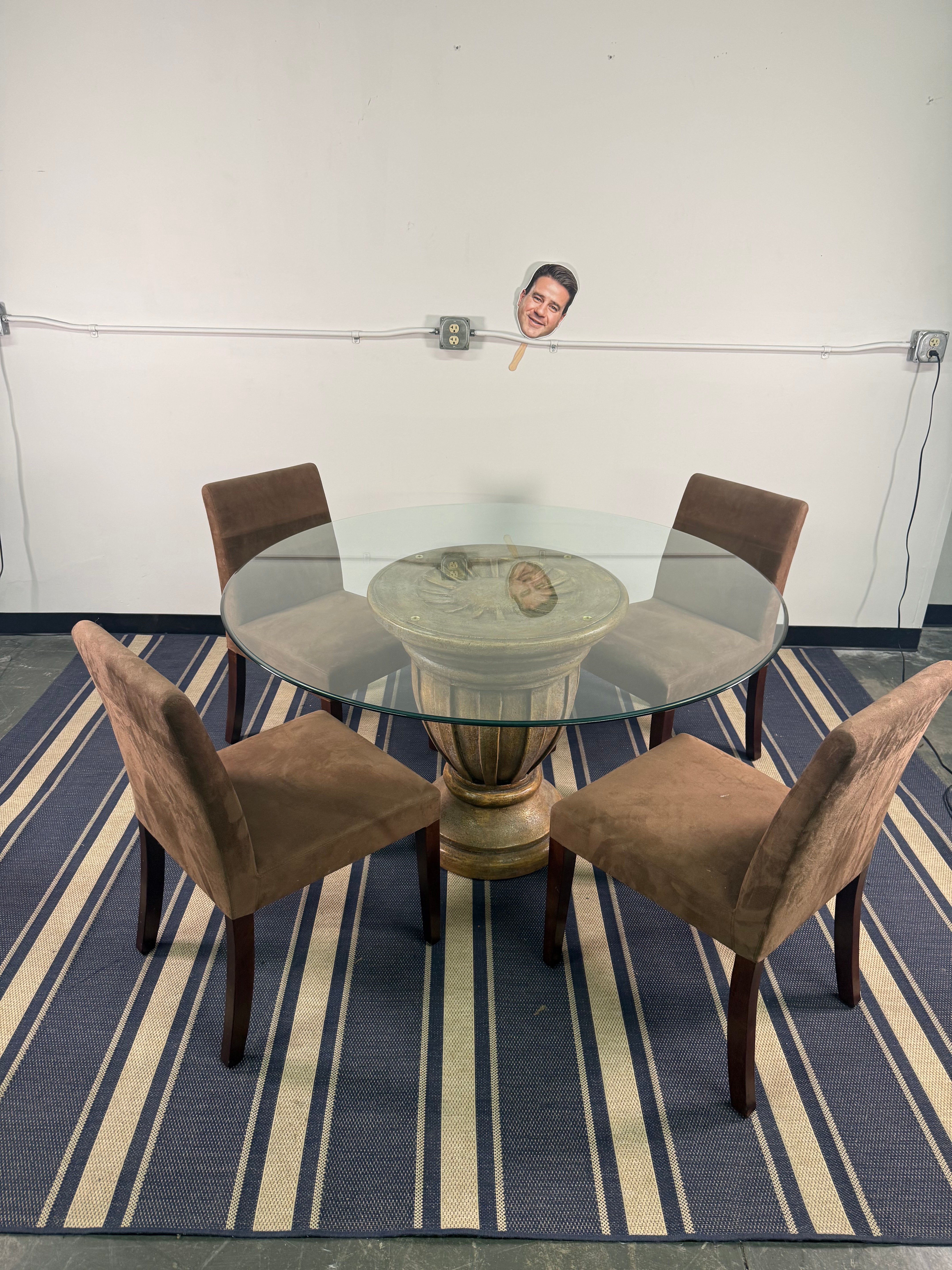 Glass Round Dining Table with Urn Pedestal Base & 4 Suede Chairs