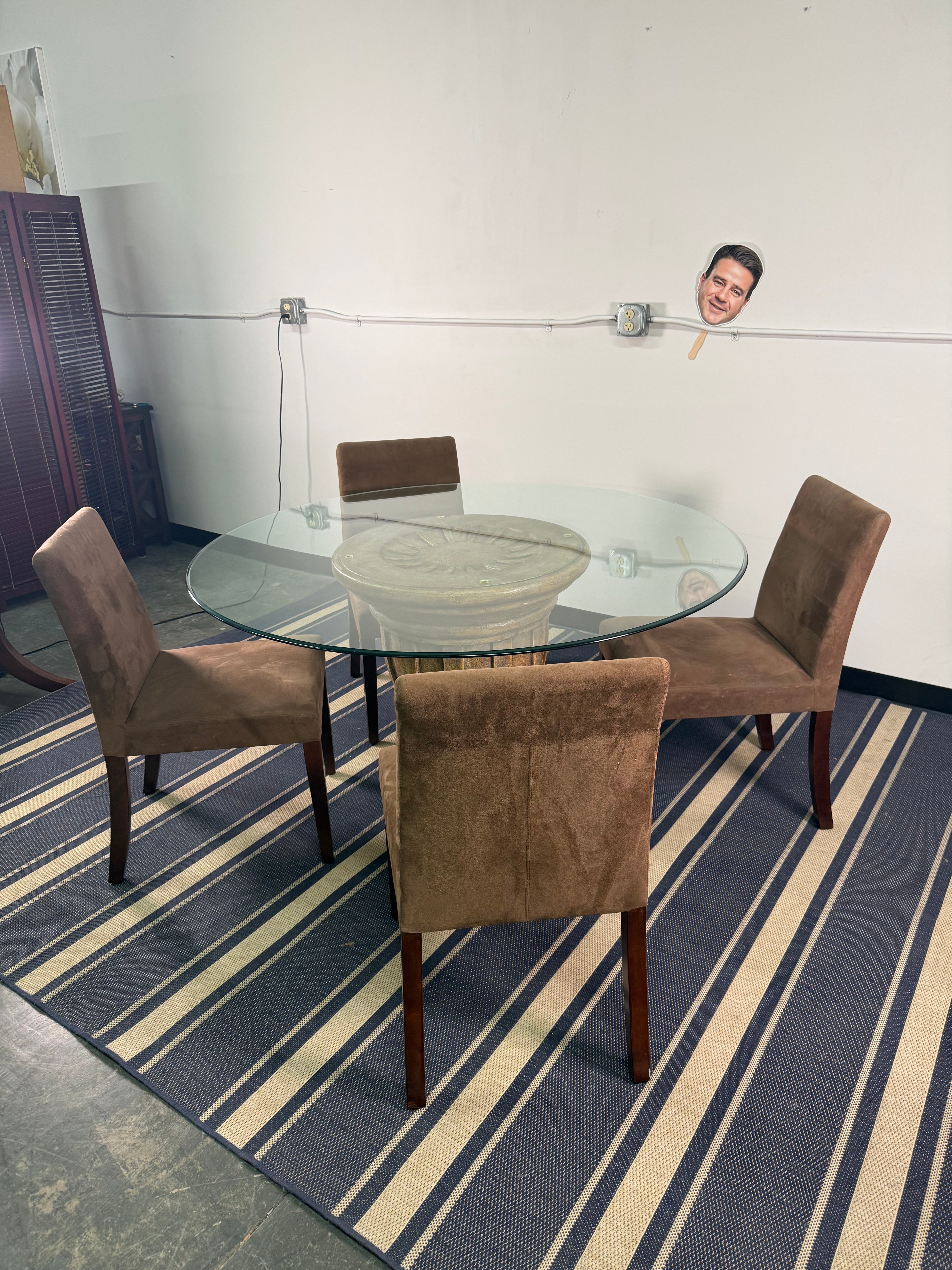 Glass Round Dining Table with Urn Pedestal Base & 4 Suede Chairs