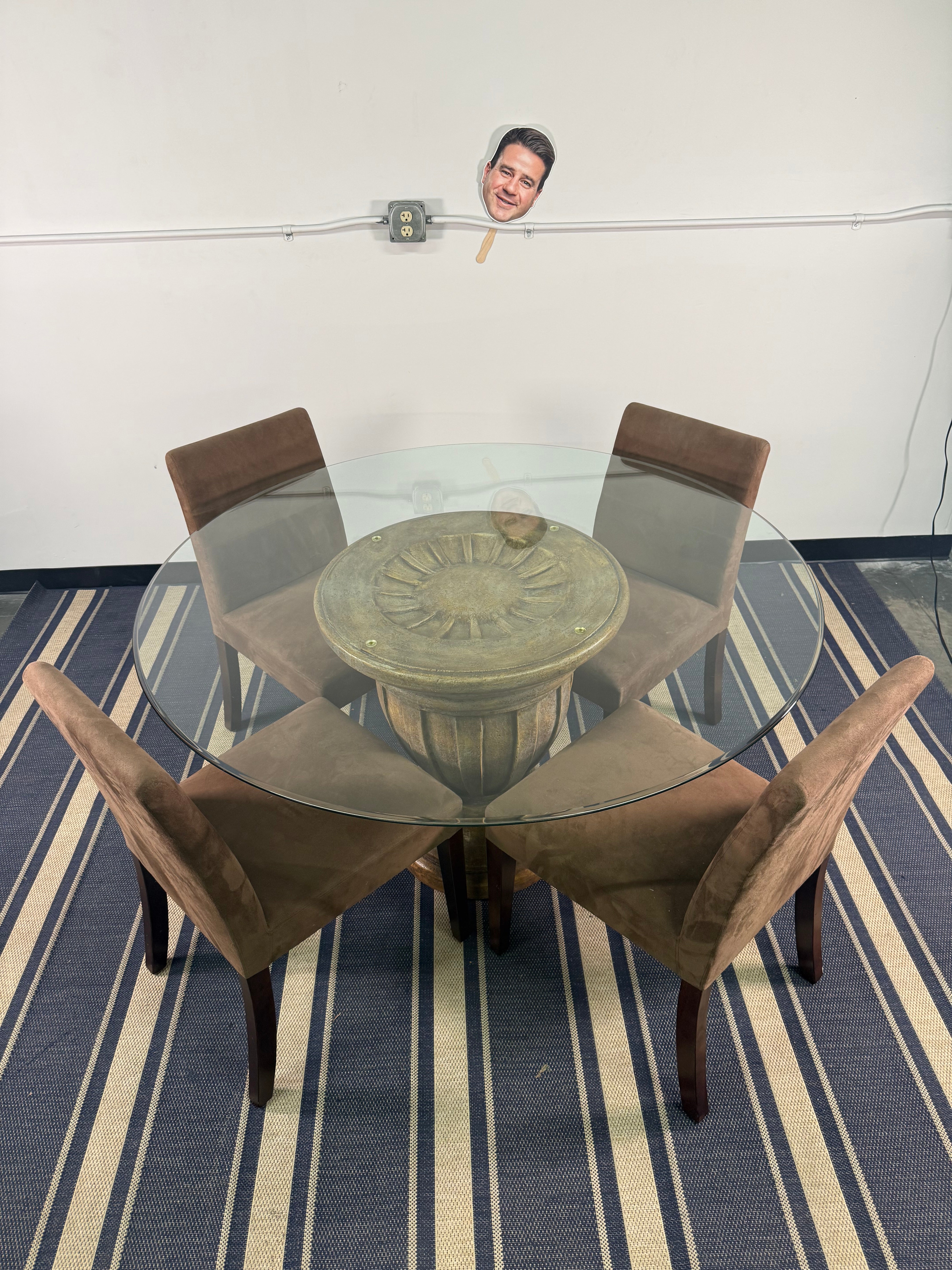 Glass Round Dining Table with Urn Pedestal Base &amp; 4 Suede Chairs