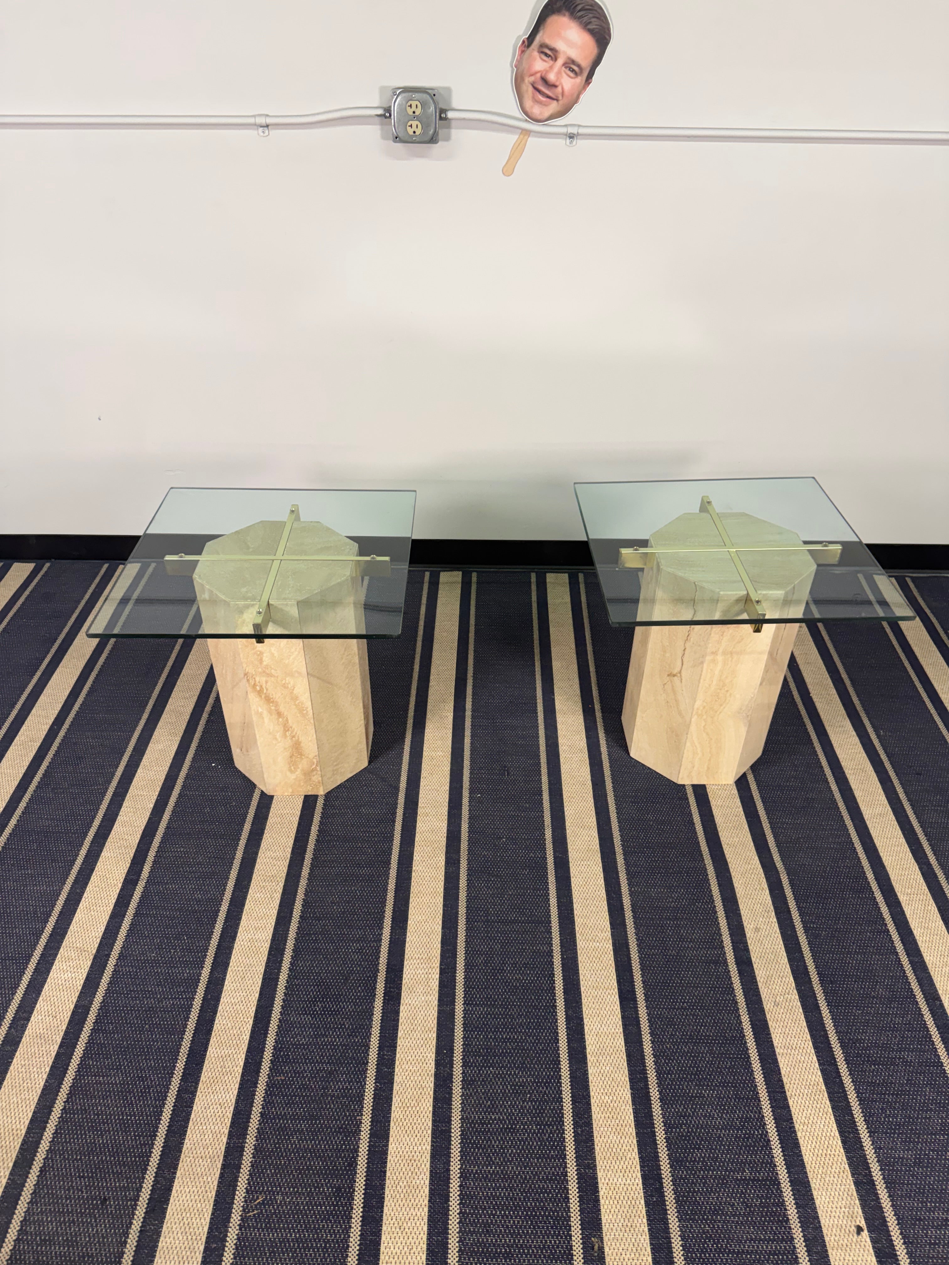 Travertine Pedestal Glass-Top Side Tables – Set of Two