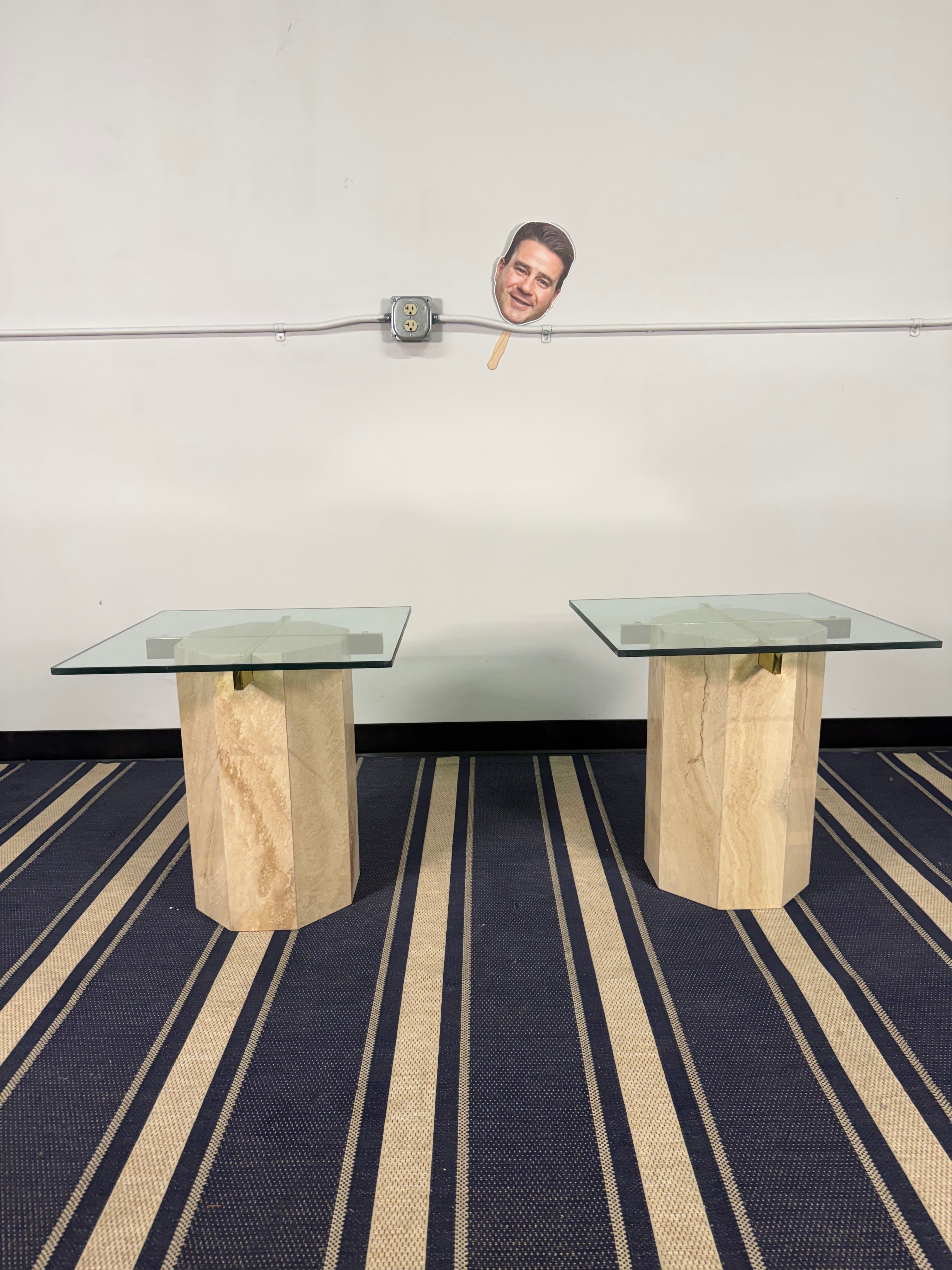 Travertine Pedestal Glass-Top Side Tables – Set of Two