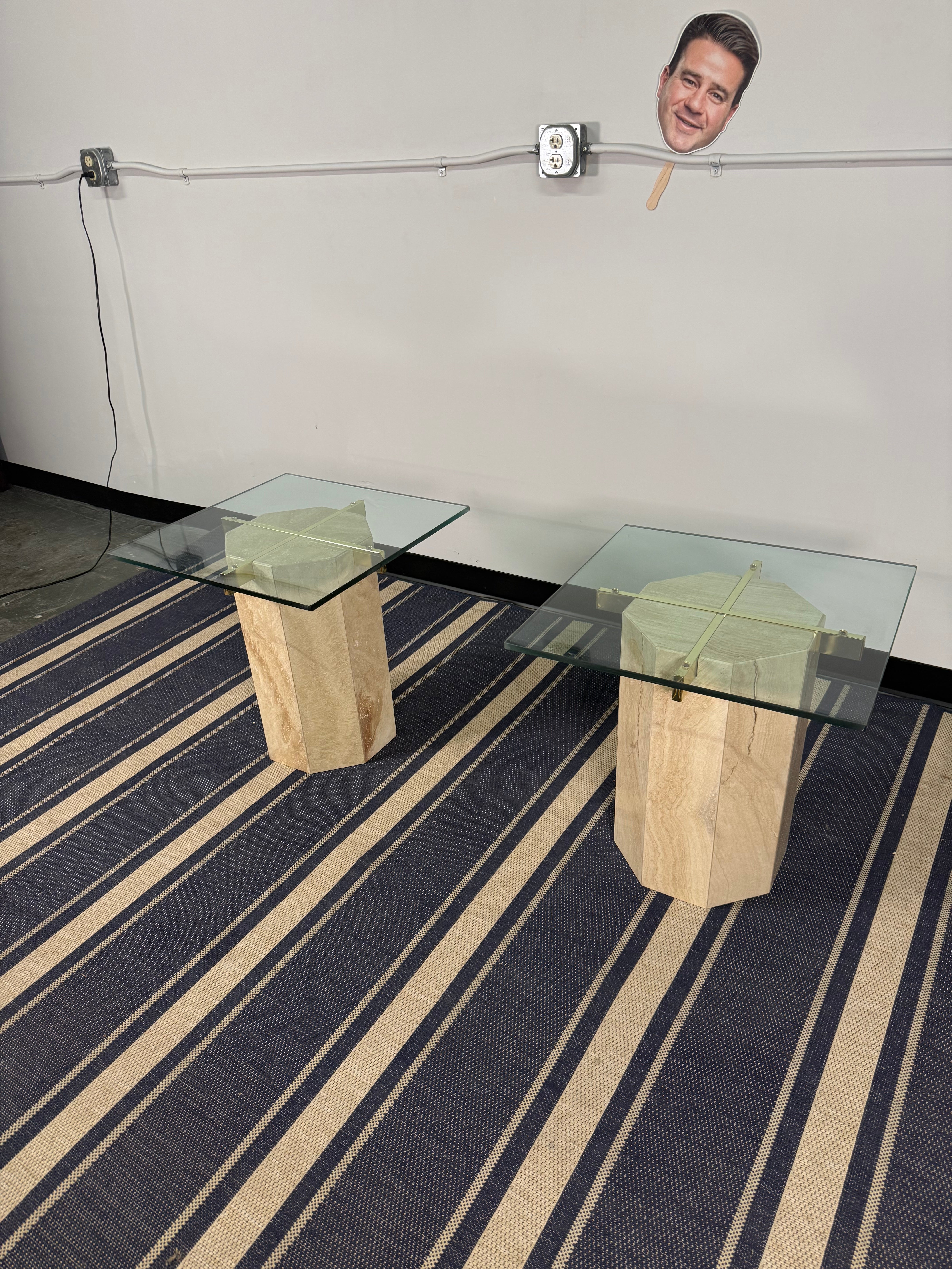 Travertine Pedestal Glass-Top Side Tables – Set of Two