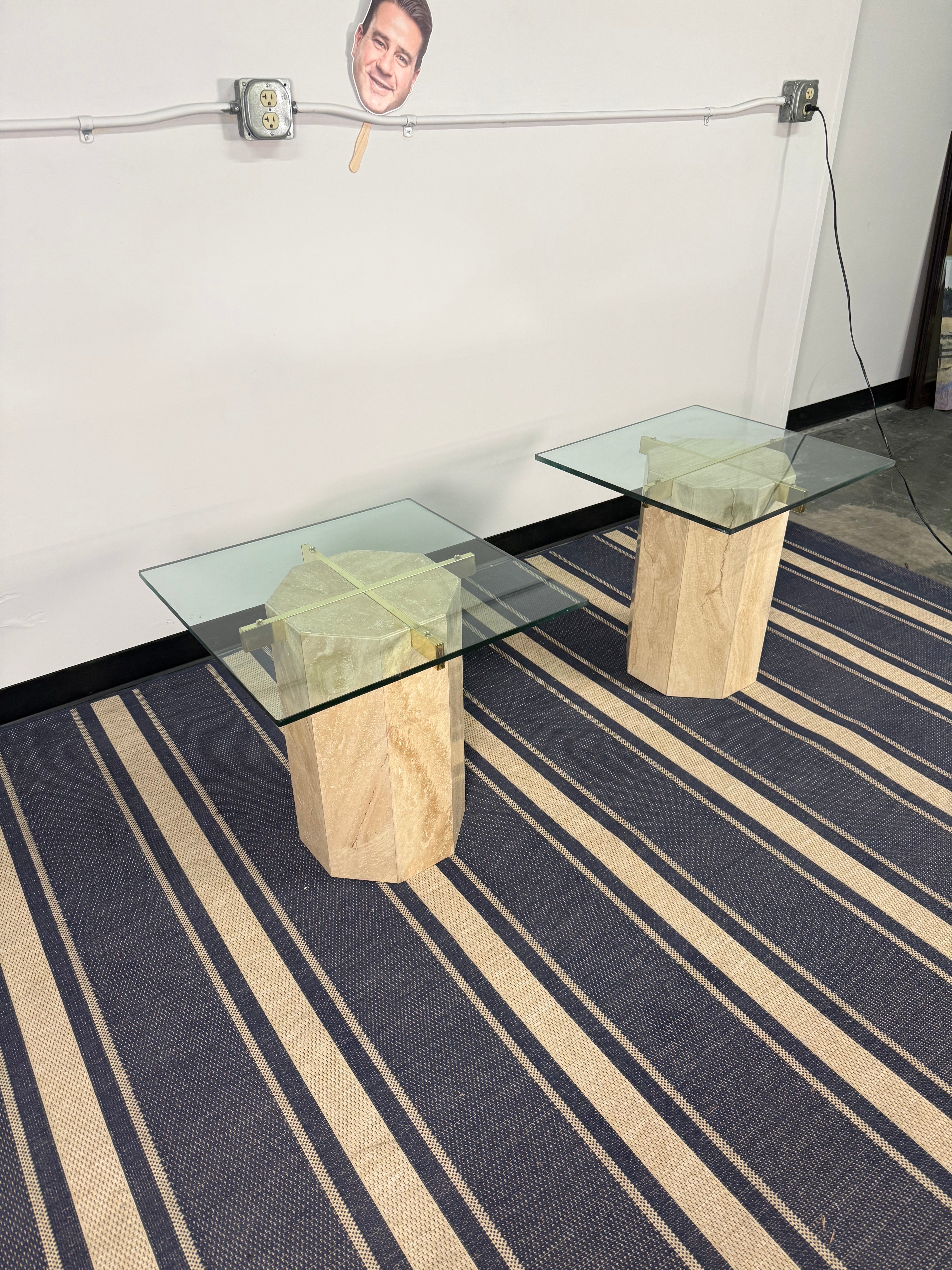Travertine Pedestal Glass-Top Side Tables – Set of Two