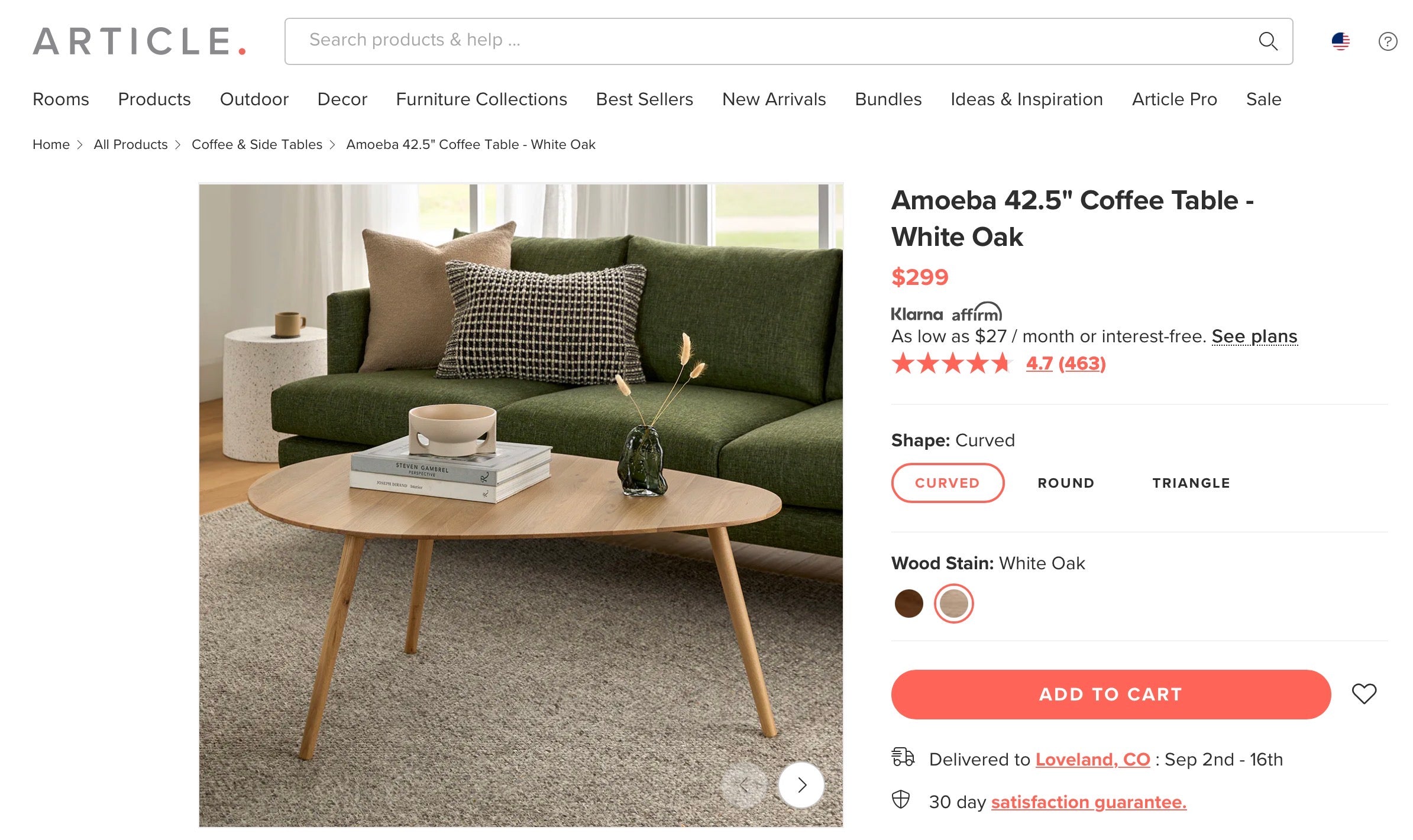 Article “Amoeba” White Oak Coffee Table
