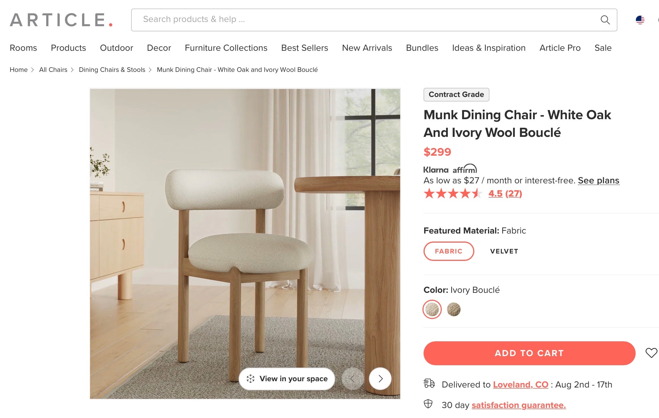 Article “Munk” Oak &amp; Boucle Dining Chair