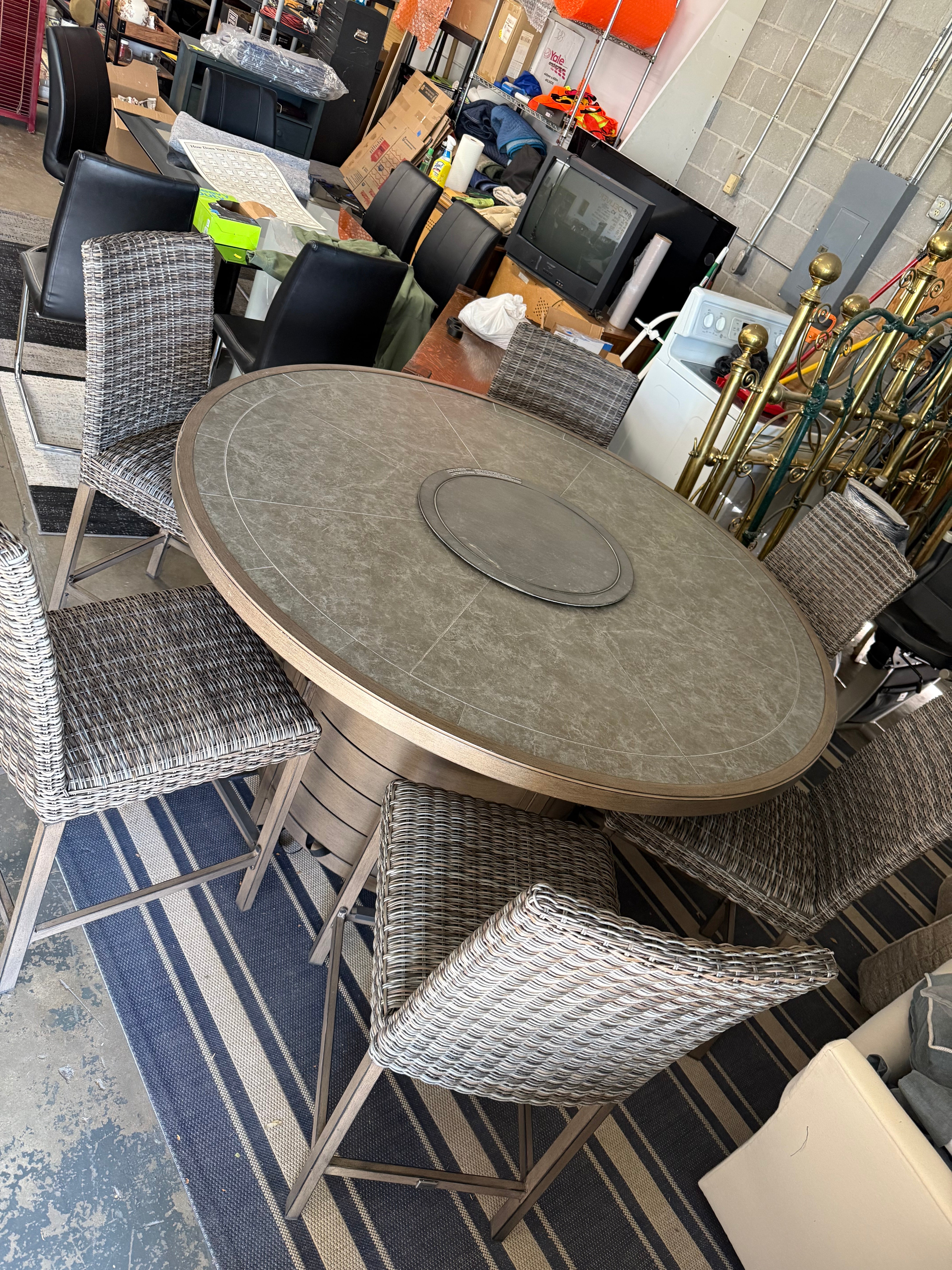 🔥 60” Round Fire Pit Table Set w/ 6 Woven Stools – Outdoor Entertainment Ready