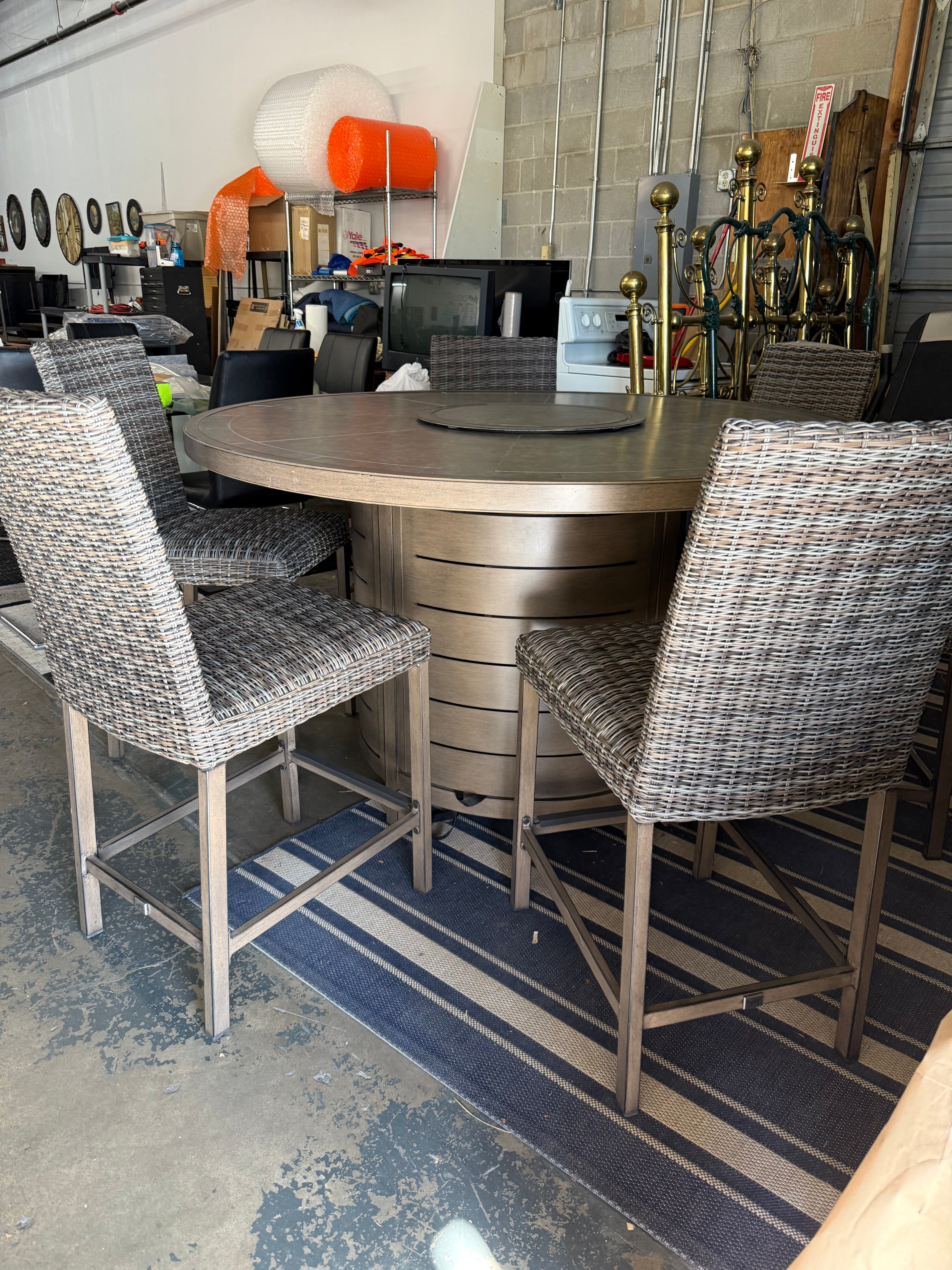 🔥 60” Round Fire Pit Table Set w/ 6 Woven Stools – Outdoor Entertainment Ready