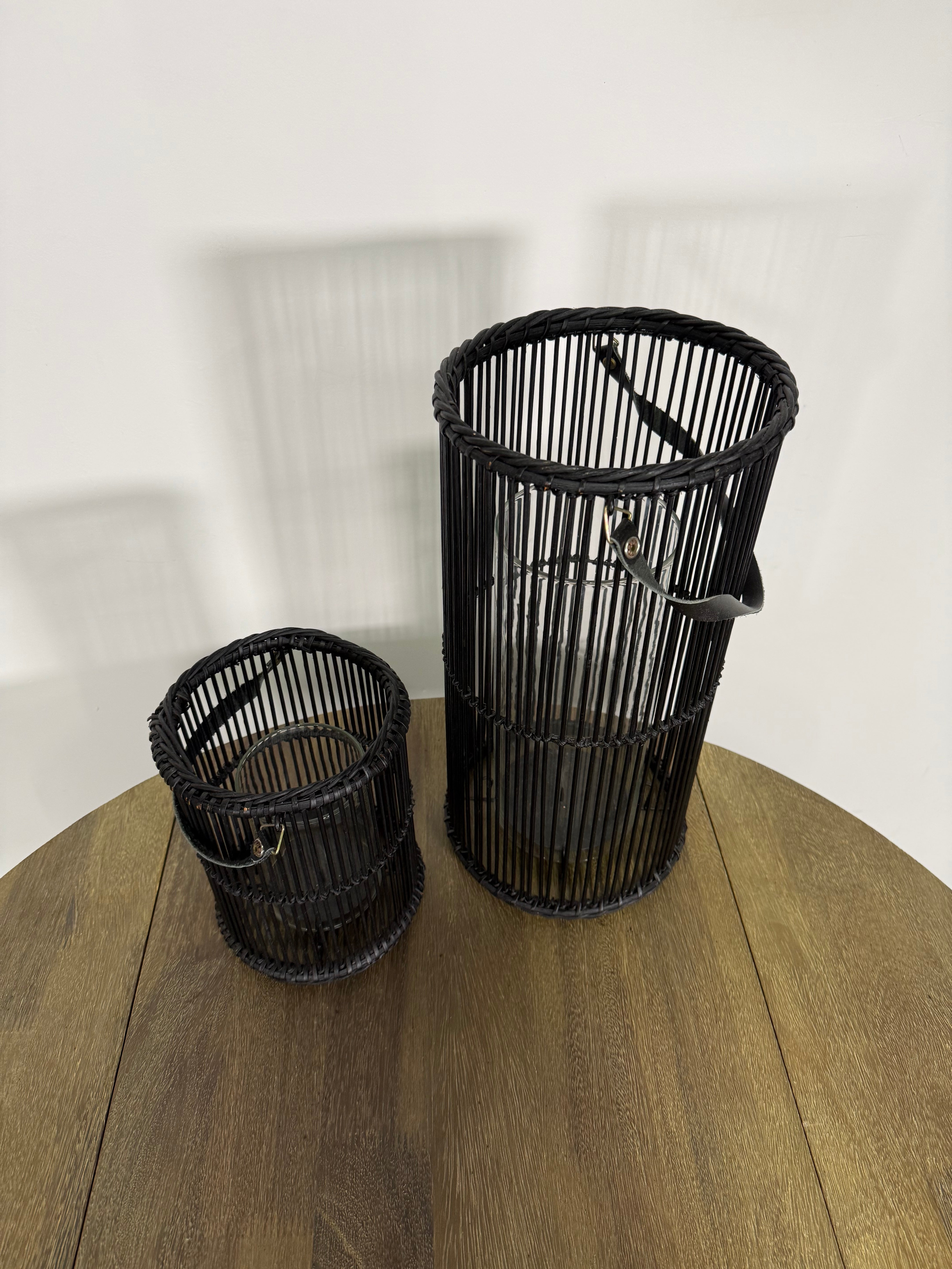 Modern Black Woven Lanterns – Set of 2 (with Glass Inserts)